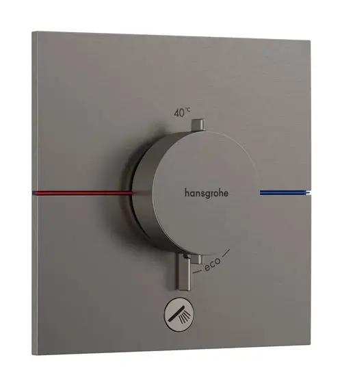 Thermostat-Einheit von Hansgrohe mit einem zentralen Drehregler. Rot- und blaufarbene Linien zeigen Temperaturbereiche, zusätzlich gibt es eine Eco-Einstellung und einen Duschsymbol.